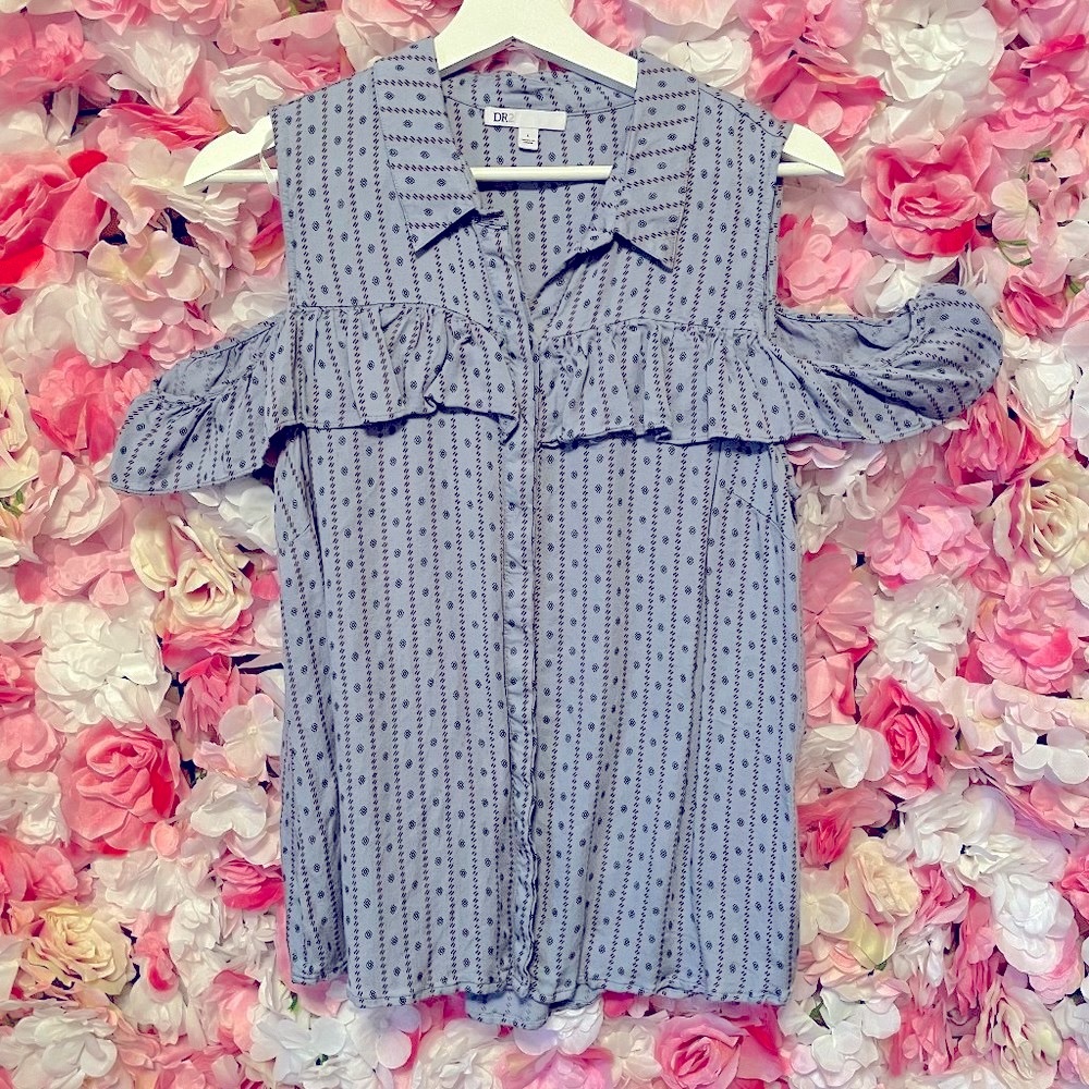 DR2 Cold Shoulder Printed Ruffle Top Sz Large